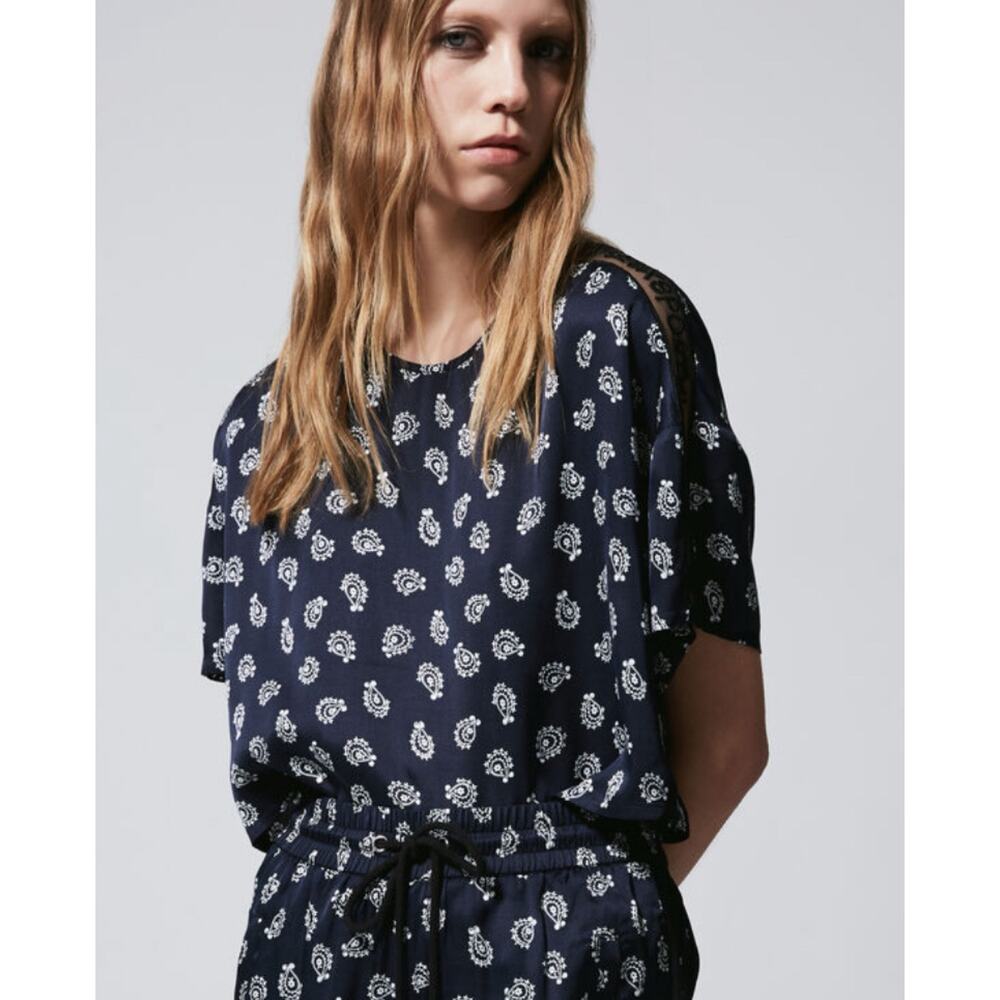 The Kooples Printed Navy Blue Cropped Top with Lacing Logo Women's 2